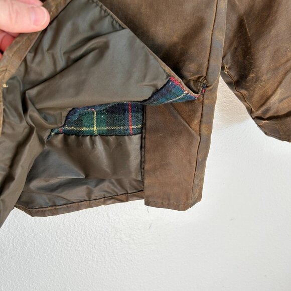 Vtg Argatta Wax Cloth Jacket S Brown Plaid Wool Lined Corduroy Collar Chore - Picture 12 of 16